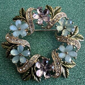 NAPIER Romantic Flower & Leaves Wreath Gold Blue/Clear/Purple Crystal Brooch Pin
